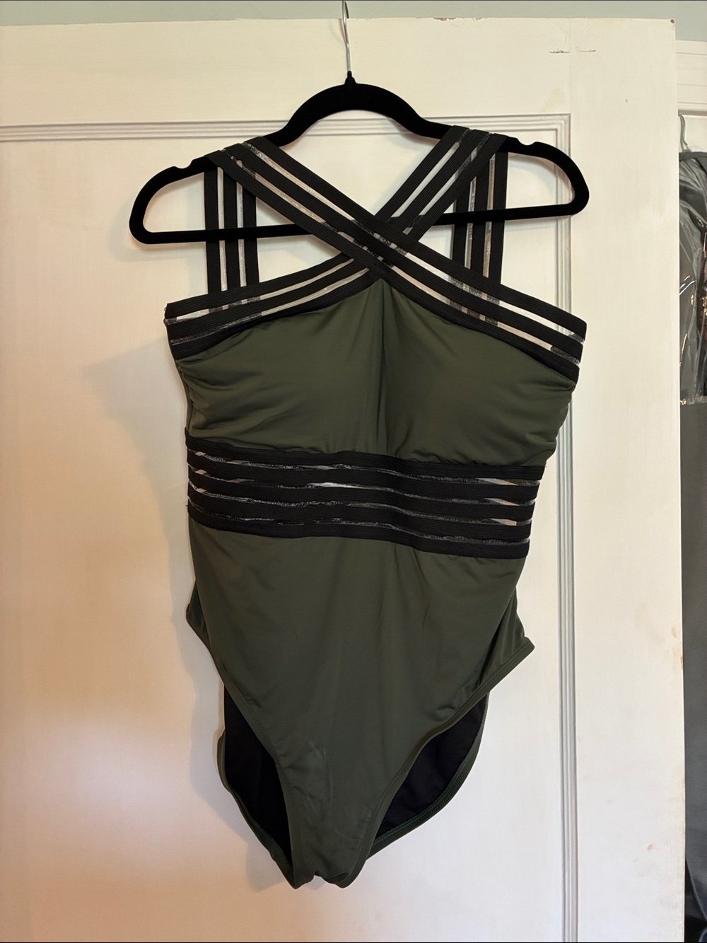 Olive Green Strappy One-Piece Swimsuit with Black Accents